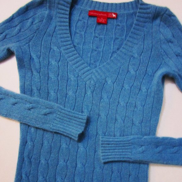 CASHMERE Cable Pullover Skinny Knit Sweater Blue V Neck Cuddly Fuzzy - Picture 7 of 10